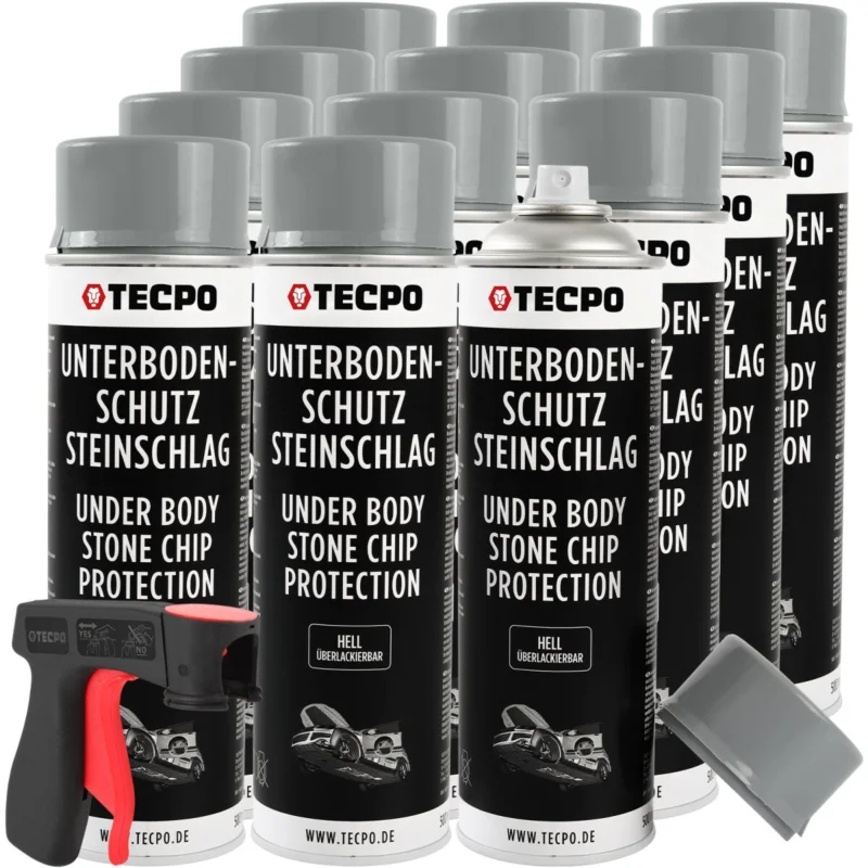 12x TECPO Unterbodenschutz überlackierbar hell, 500 ml + Pistolengriff Abverkauf