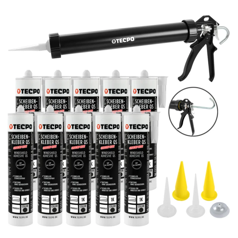 Zertifiziert TECPO Scheibenkleber MS-Polymer 10x 290 ml + Einhand Fettpresse 380 mm