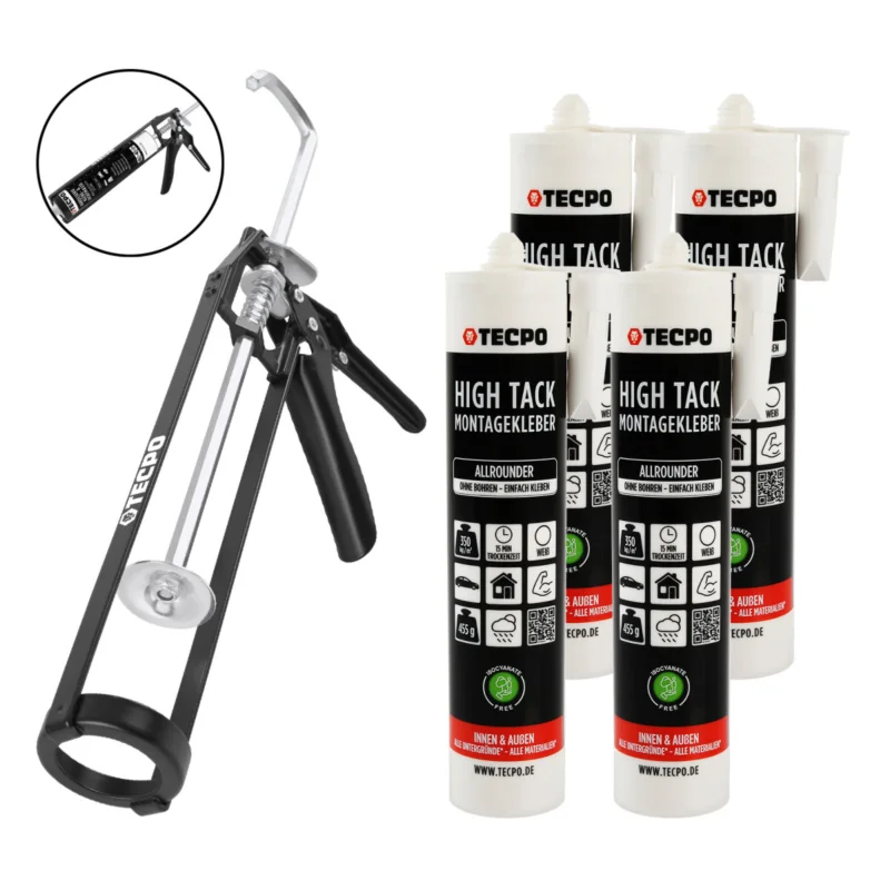 Zertifiziert TECPO Allrounder Montagekleber HIGH TACK MS-Polymer 4x 455g Weiß + Skelett Kartuschepresse