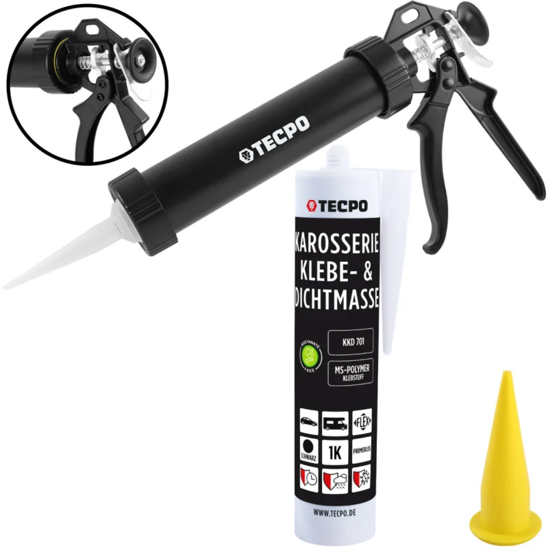 1x TECPO Karosserie Klebe & Dichtmasse KKD 701 Schwarz, 414g MS-Polymer 1K-Dichtstoff + Alu-Kartuschenpresse 220 mm Zertifiziert