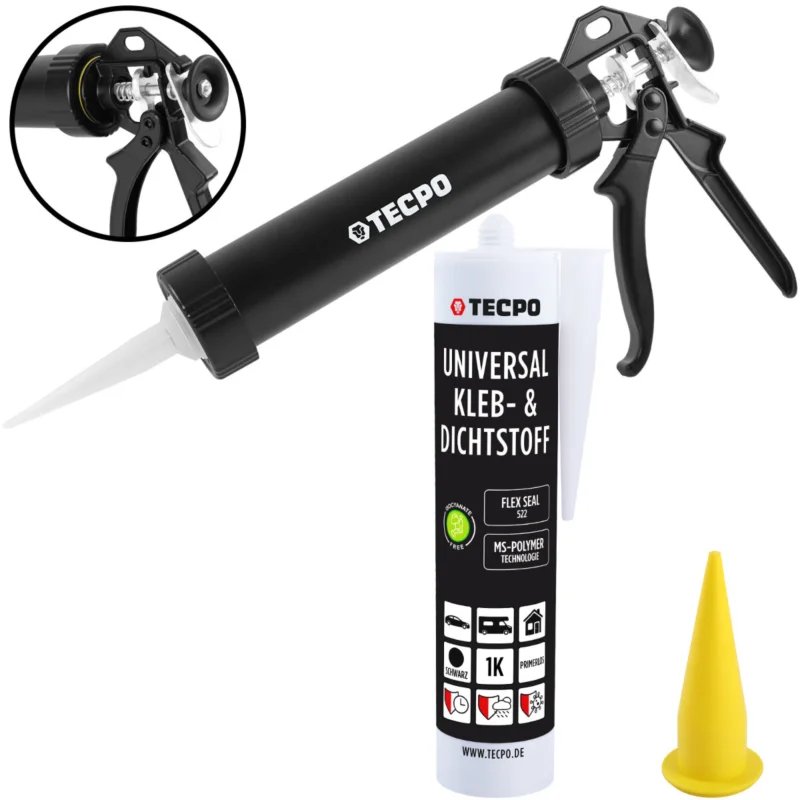 1x TECPO Universal Klebe- und Dichtstoff FLEX SEAL 522 SCHWARZ 1K MS-Polymer UV-stabil und witterungsbeständig + Alu-Kartuschenpresse 220 mm Schnäppchen